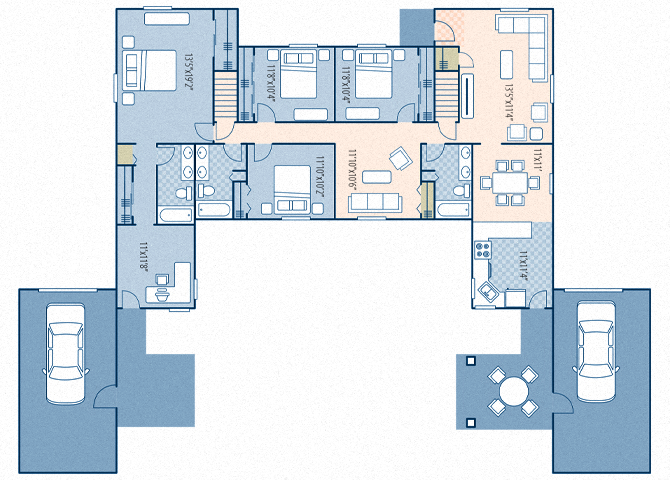 Floor plan for 4 beds, 3 baths, 2300 sqft